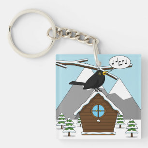 Happy Blackbird Singing in Winter Landscape Key Ring