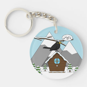 Happy Blackbird Singing in Winter Landscape Key Ring