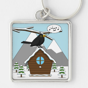 Happy Blackbird Singing in Winter Landscape Key Ring