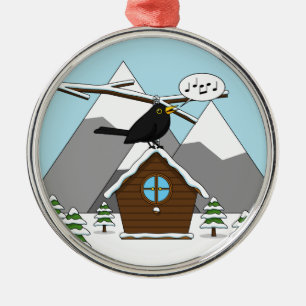 Happy Blackbird Singing in Winter Landscape Metal Ornament