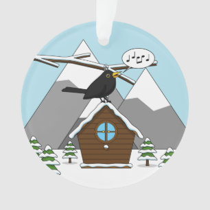Happy Blackbird Singing in Winter Landscape Ornament