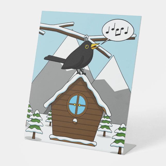 Happy Blackbird Singing in Winter Landscape Pedestal Sign