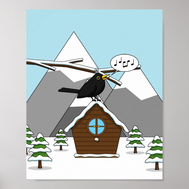 Happy Blackbird Singing in Winter Landscape Poster (Front)