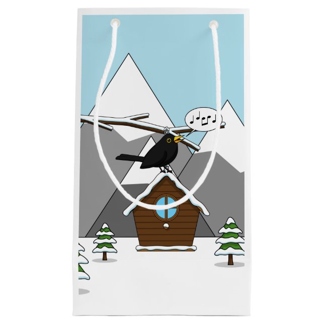Happy Blackbird Singing in Winter Landscape Small Gift Bag (Front)