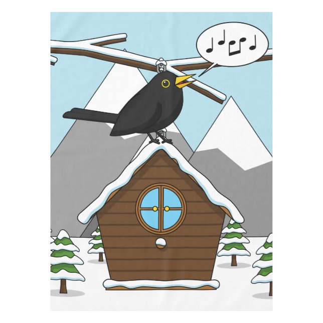 Happy Blackbird Singing in Winter Landscape Tablecloth (Front)