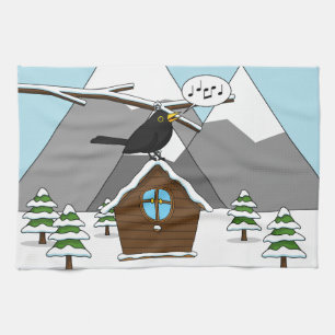 Happy Blackbird Singing in Winter Landscape Tea Towel