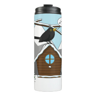 Happy Blackbird Singing in Winter Landscape Thermal Tumbler