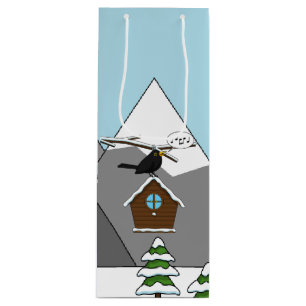 Happy Blackbird Singing in Winter Landscape Wine Gift Bag