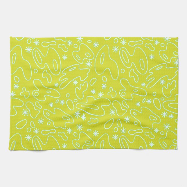 HAPPY BLOBS! - in bright yellow, white, and teal Tea Towel (Horizontal)