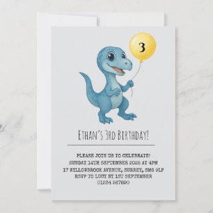 Happy Blue Dinosaur Holding Balloon Birthday  Invitation