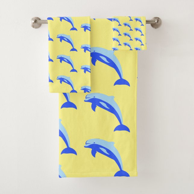 Happy Blue Dolphin, Cute Tropical Ocean Cartoon Bath Towel Set (Insitu)