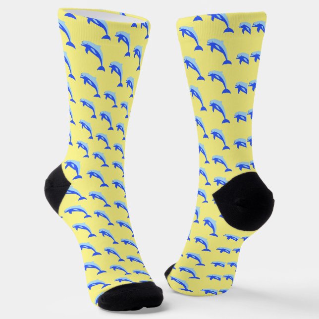 Happy Blue Dolphin, Cute Tropical Ocean Cartoon Socks (Angled)