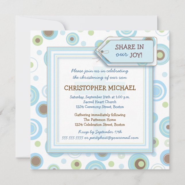 Happy Blue Dots Baby Boy Christening Invitation (Front)