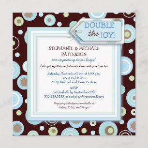 Happy Blue Dots Twin Boy Couples Baby Shower Invitation