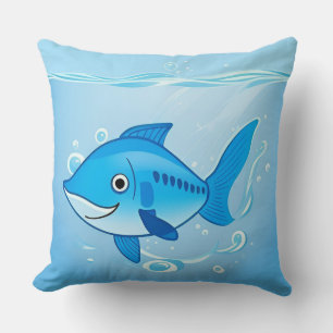 Happy Blue Fish in an Underwater Scene Cushion