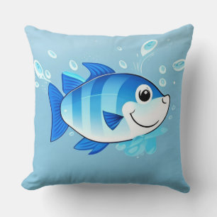 Happy Blue Fish in an Underwater Scene Cushion