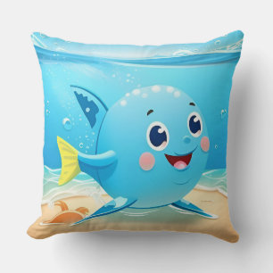 Happy Blue Fish in an Underwater Scene Cushion