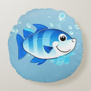 Happy Blue Fish in an Underwater Scene Round Cushion
