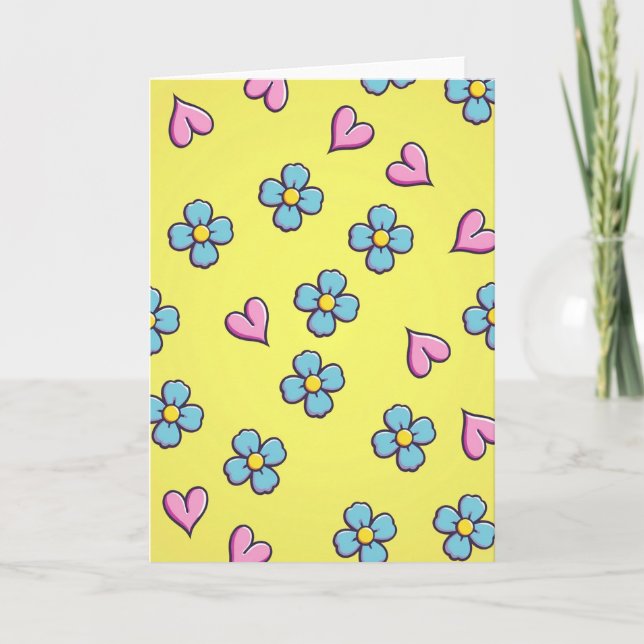 Happy Blue Flower Hearts Card (Front)