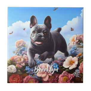 Happy Blue French Bulldog & Flowers  Ceramic Tile