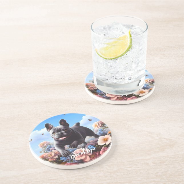 Happy Blue French Bulldog & Flowers  Coaster (Side)
