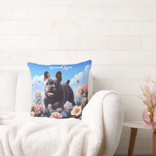 Happy Blue French Bulldog & Flowers Cushion