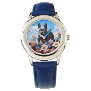 Happy Blue French Bulldog & Flowers  Watch