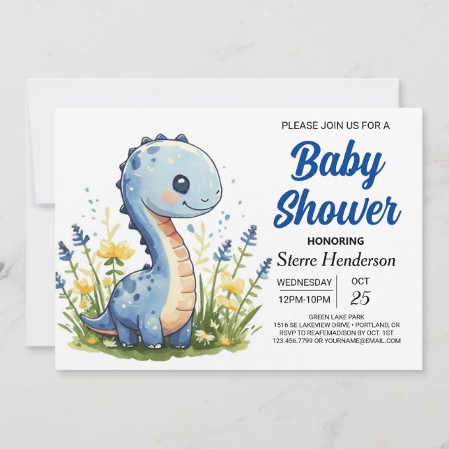 Happy Blue Funny Dinosaur Boy Baby Shower Invitation (Front)