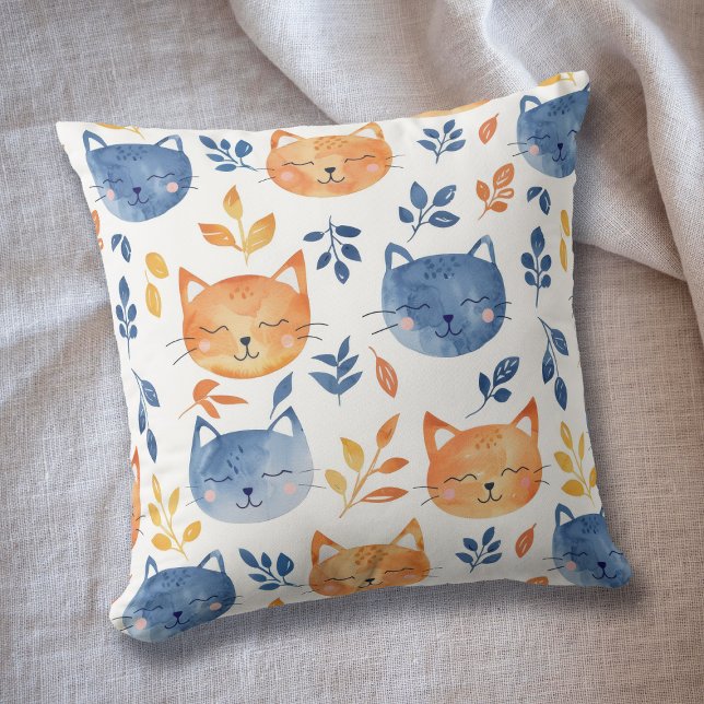 Happy Blue Orange Watercolor Cat Faces Cushion (Creator Uploaded)