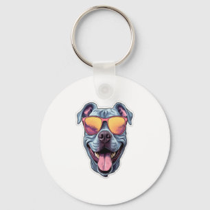 Happy Blue Pitbull Wearing Sunglasses Key Ring