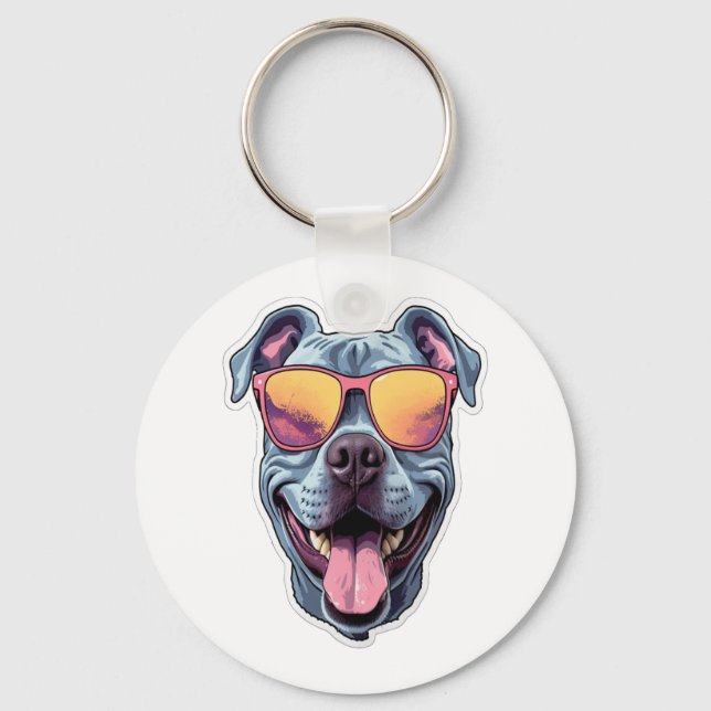 Happy Blue Pitbull Wearing Sunglasses   Key Ring (Front)
