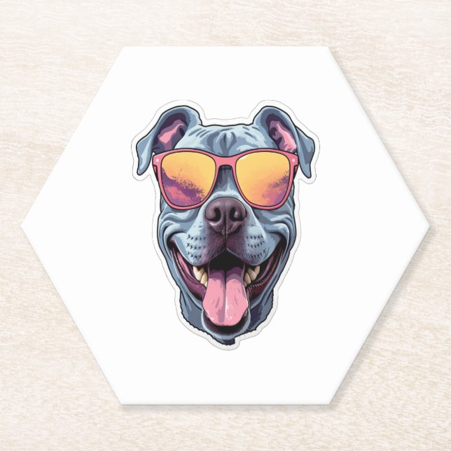 Happy Blue Pitbull Wearing Sunglasses   Paper Coaster (Front)