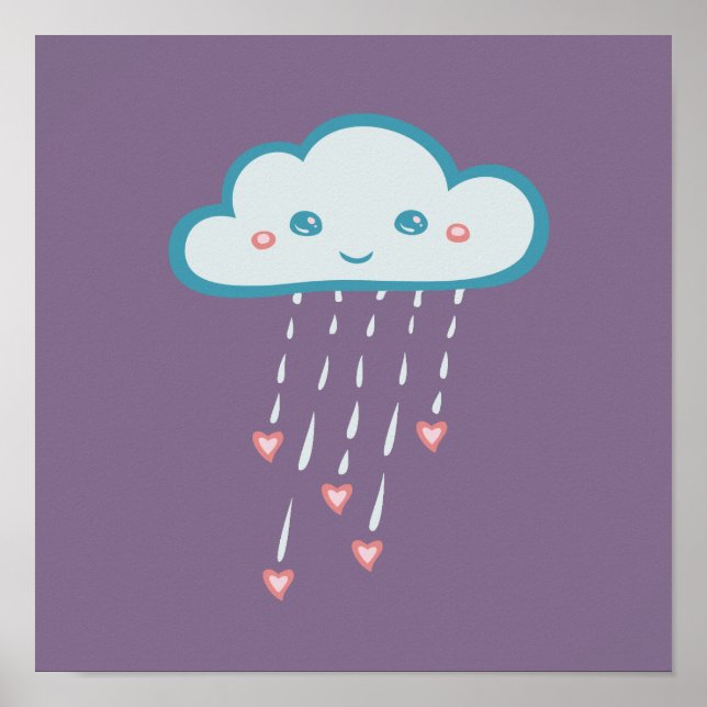 Happy Blue Rain Cloud Raining Pink Hearts Poster (Front)