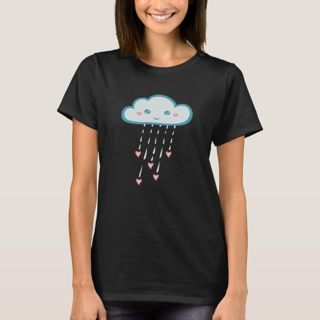 Happy Blue Rain Cloud Raining Pink Hearts T-Shirt (Front)
