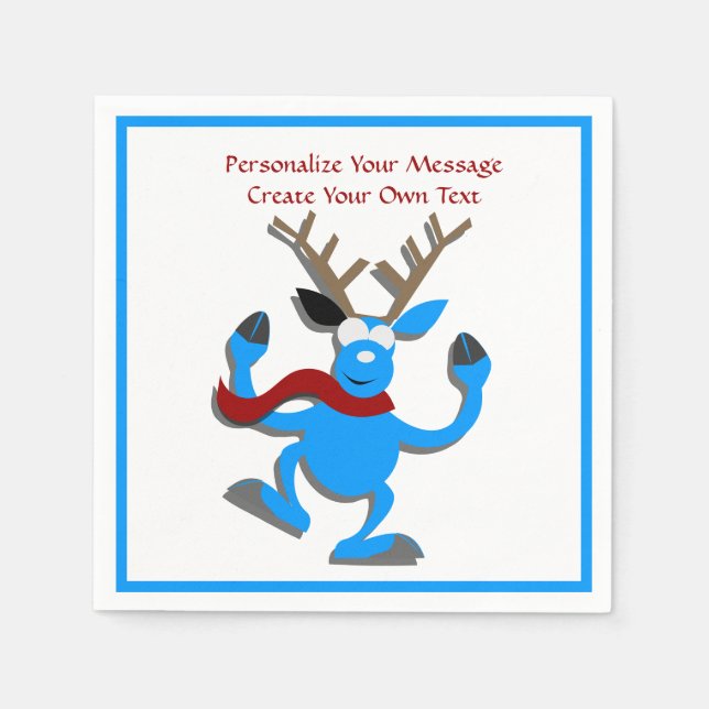 Happy Blue Reindeer Christmas Personalise Napkin (Front)