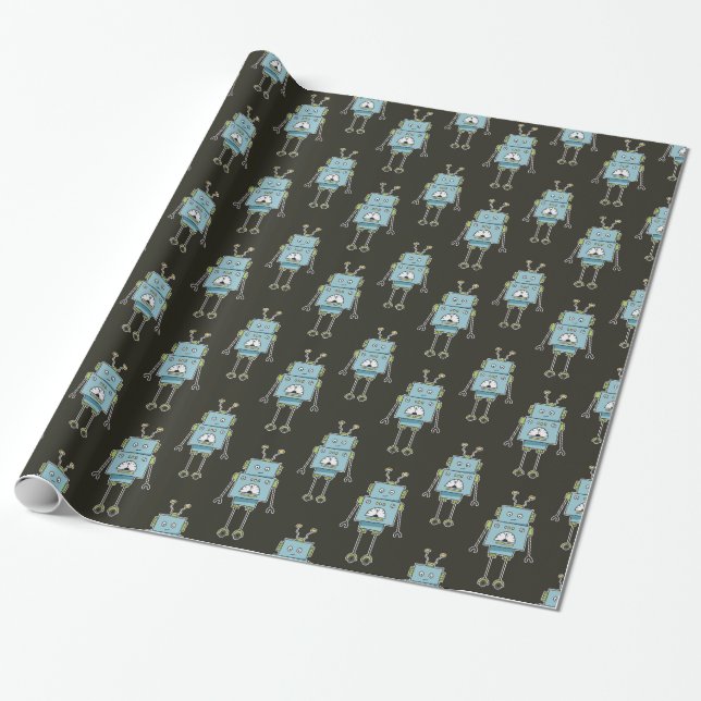 Happy Blue Robot Pattern Wrapping Paper (Unrolled)