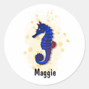 happy blue sea horse watercolor style classic round sticker