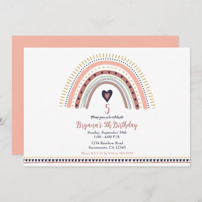 Happy Boho Rainbow Modern Kids Birthday Party    Invitation (Front/Back)
