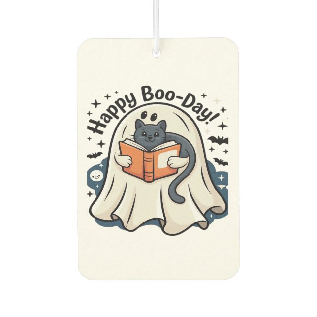 Happy Boo-Day Ghost Cat PNG - Spooky Cute Oversize Car Air Freshener (Front)