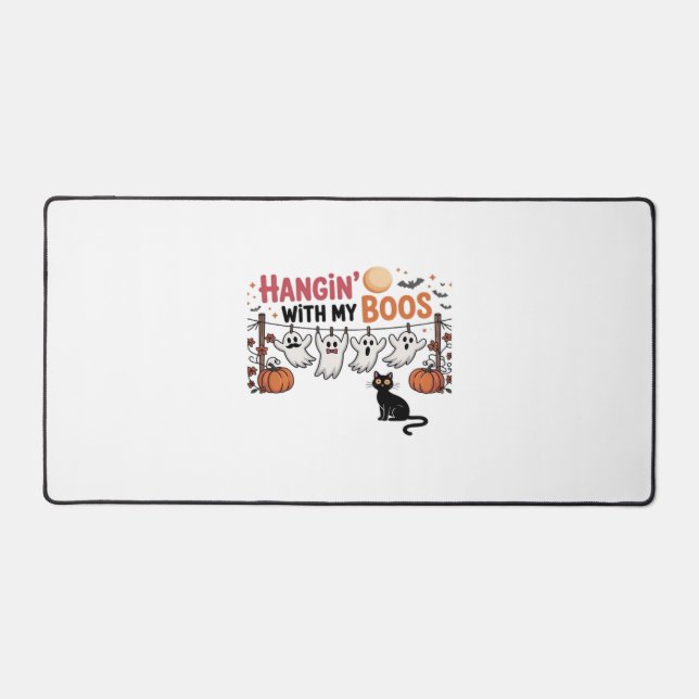 Happy Boo-Day Ghost Cat PNG - Spooky Cute Oversize Desk Mat (Front)