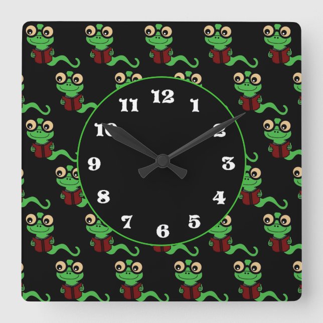 Happy Bookworm Black Square Wall Clock (Front)