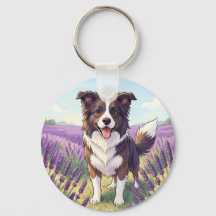 Happy Border Collie Lavender Field Key Ring