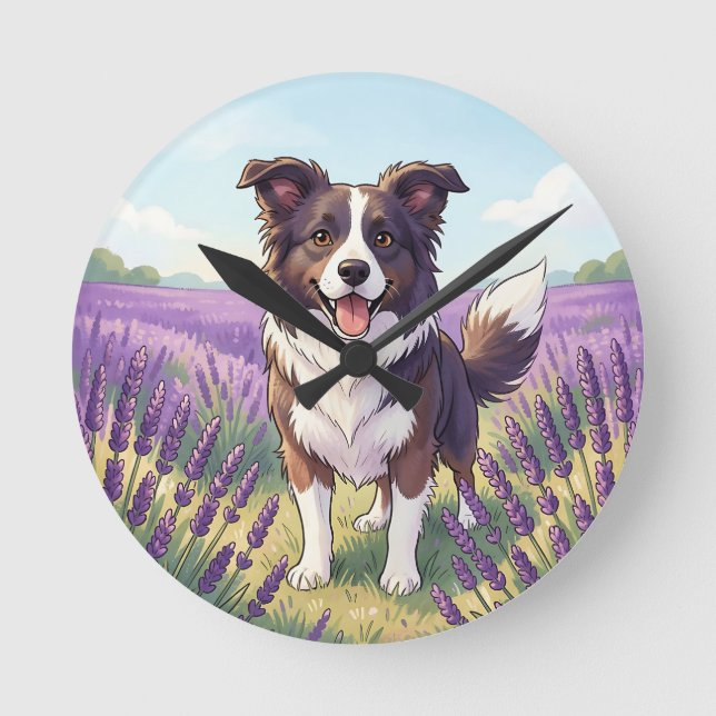 Happy Border Collie Lavender Field Round Clock (Front)