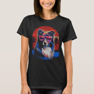 Happy Border Collie With Sunglasses Vintage 70s Su T-Shirt