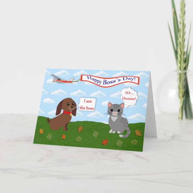 Happy Boss's Day with cat, dog and aeroplane banne Card (Front)