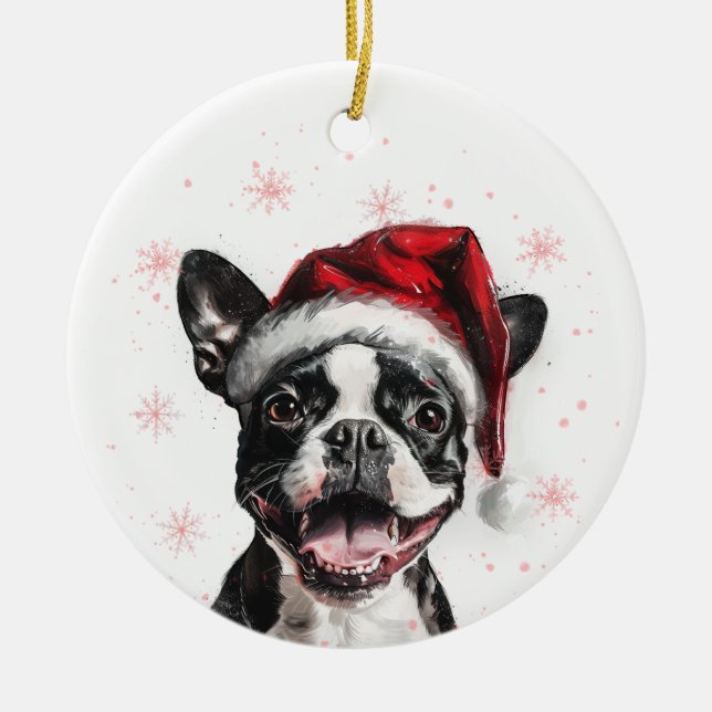 Happy Boston Terrier Dog Christmas Personalized Ceramic Ornament (Front)
