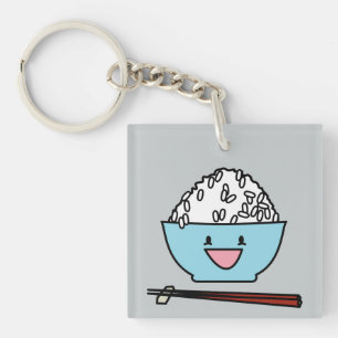 Happy bowl of white rice chopsticks carbs key ring