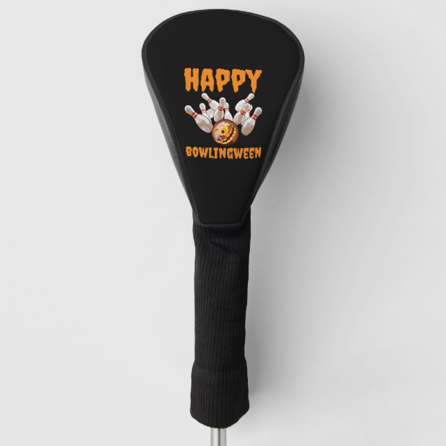 Happy Bowlingween Pun Halloween Pumpkin Bowling Golf Head Cover (Front)