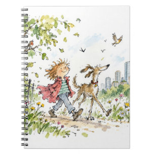 Happy Boy and Dog Walking In City Park Notebook