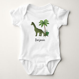 Happy Brachiosaurus Dinosaur With Custom Kids Name Baby Bodysuit